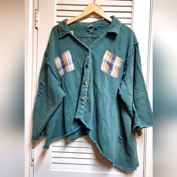 POL Button Down Raw Hem Distressed Shacket main image 0
